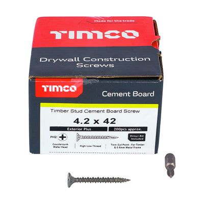 TIMco Twin-Cut Cement Board Countersunk Exterior Silver Screws - 4.2 x 42 - 200 Pieces