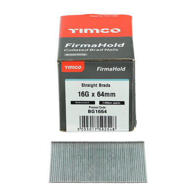 TIMCO FirmaHold Collated 16 Gauge Straight Galvanised Brad Nails & Fuel Cells - 16g x 64/2BFC - Pack Quantity - 2000