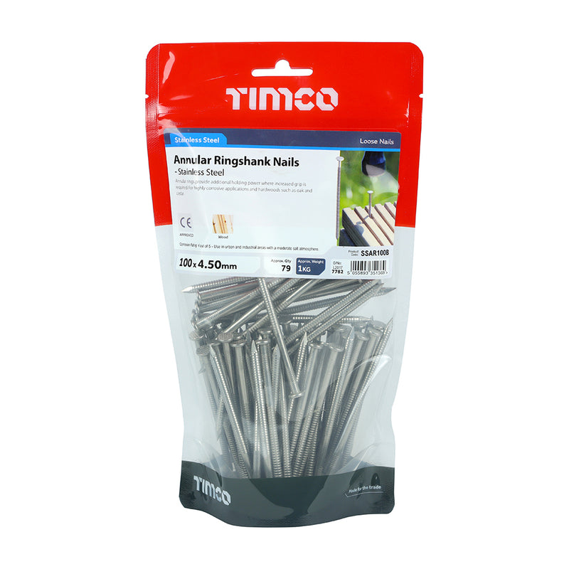TIMCO Annular Ringshank Nails A2 Stainless Steel - 100 x 4.50 - Pack Quantity - 10 Kg