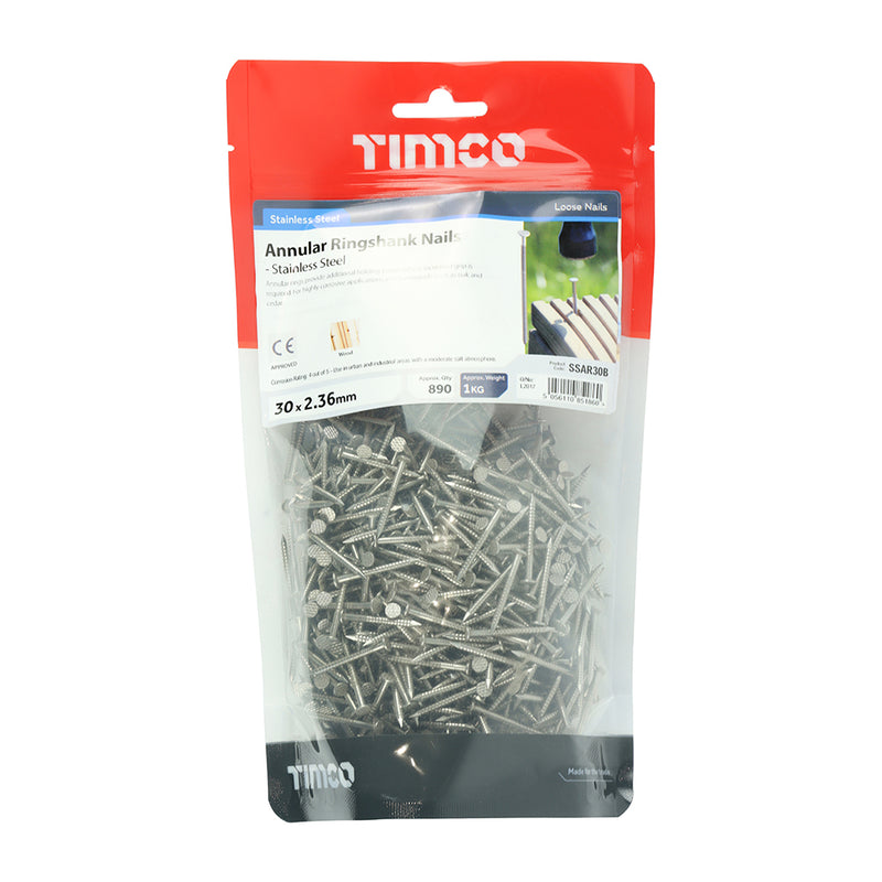 TIMCO Annular Ringshank Nails A2 Stainless Steel - 30 x 2.36 - Pack Quantity - 1 Kg