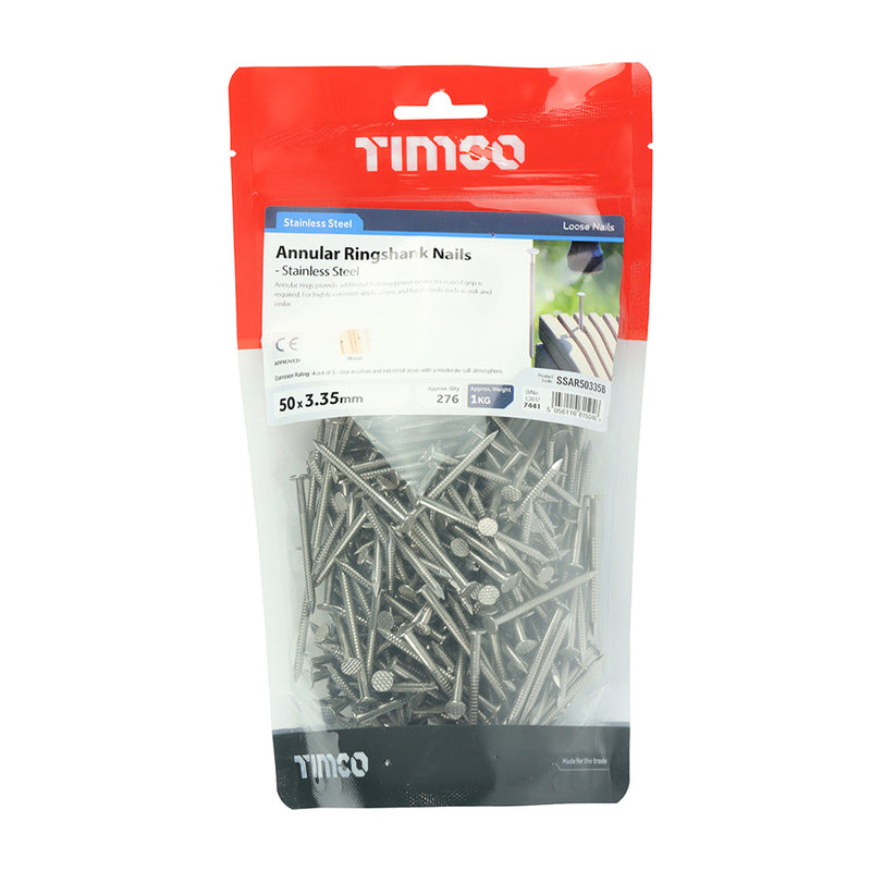 TIMCO Annular Ringshank Nails A2 Stainless Steel - 50 x 3.35 - Pack Quantity - 10 Kg