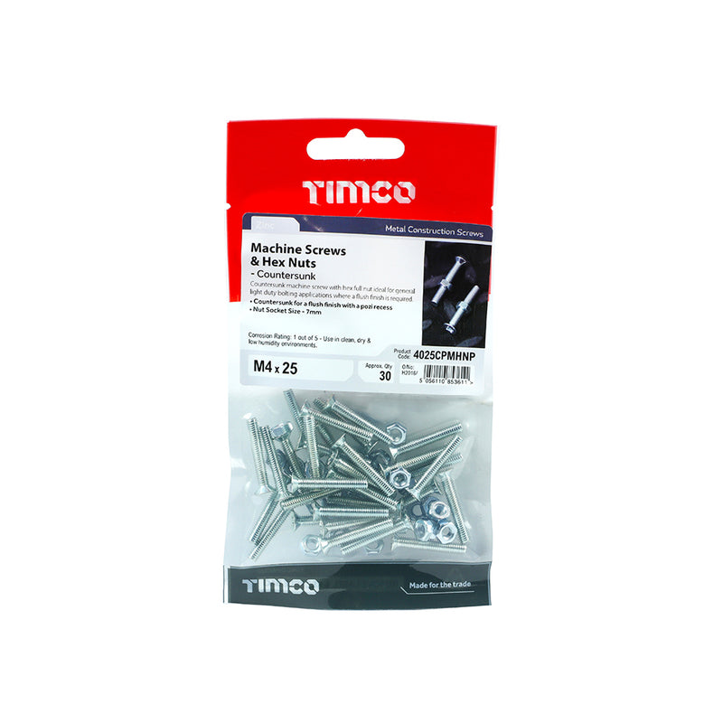 TIMco Machine Countersunk Screws & Hex Nut Silver - M5 x 25 - 25 Pieces