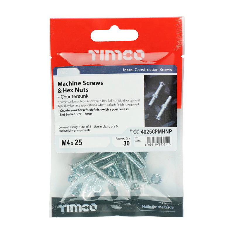 TIMco Machine Countersunk Screws & Hex Nut Silver - M5 x 20 - 30 Pieces