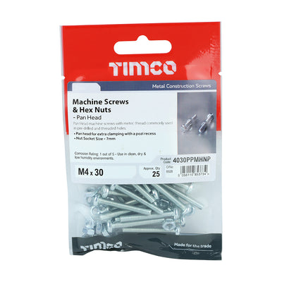 TIMco Machine Pan Head Screws & Hex Nut Silver - M4 x 30 - 25 Pieces