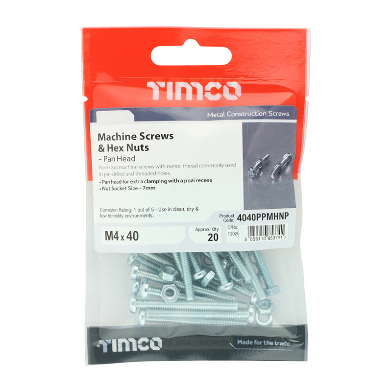 TIMco Machine Pan Head Screws & Hex Nut Silver - M4 x 40 - 20 Pieces