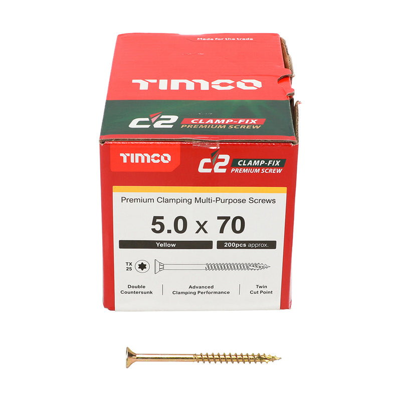 TIMco C2 Clamp-Fix Multi-Purpose Premium Countersunk Gold Woodscrews - 5.0 x 70 - 375 Pieces