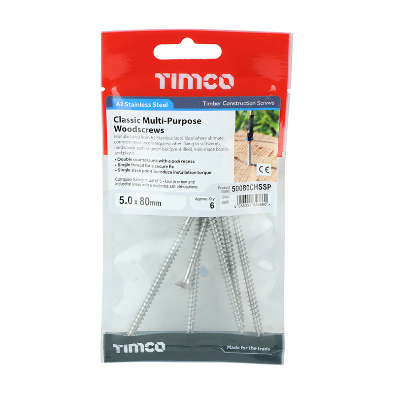 TIMco Classic Multi-Purpose Countersunk A2 Stainless Steel Woodcrews - 5.0 x 80 - 6 Pieces