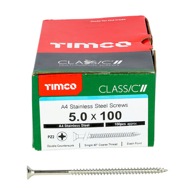 TIMco Classic Multi-Purpose Countersunk A4 Stainless Steel Woodcrews - 5.0 x 100 - 100 Pieces