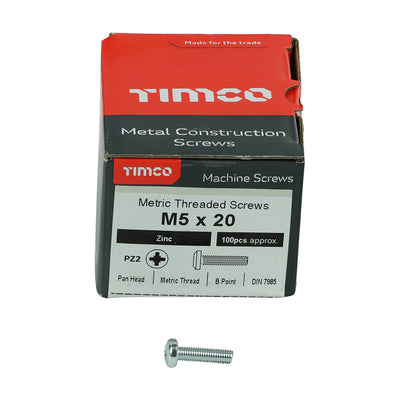 TIMco Machine Pan Head Silver Screws - M5 x 20 - 100 Pieces