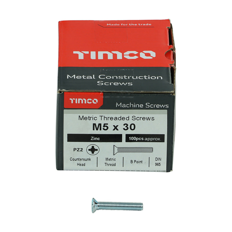TIMco Machine Countersunk Silver Screws - M5 x 30 - 100 Pieces