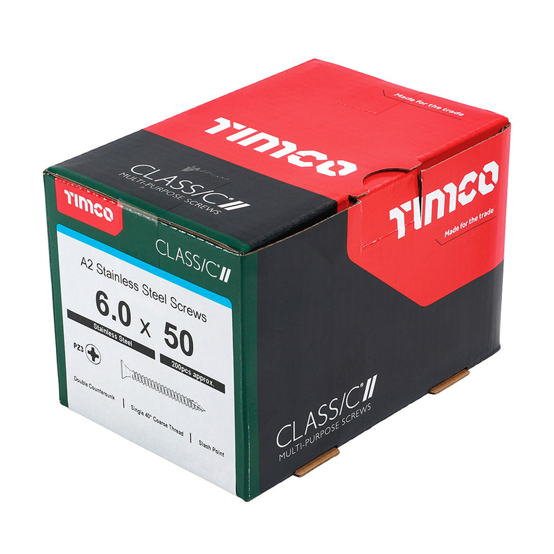 TIMco Classic Multi-Purpose Countersunk A2 Stainless Steel Woodcrews - 6.0 x 50 - 200 Pieces