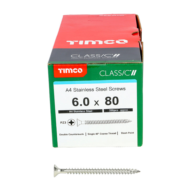 TIMco Classic Multi-Purpose Countersunk A4 Stainless Steel Woodcrews - 6.0 x 80 - 200 Pieces