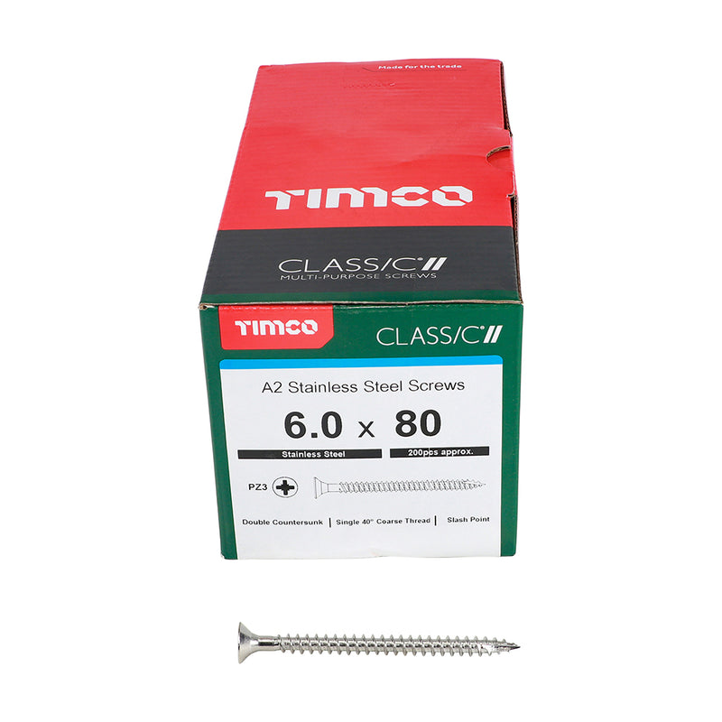 TIMco Classic Multi-Purpose Countersunk A2 Stainless Steel Woodcrews - 6.0 x 80 - 200 Pieces