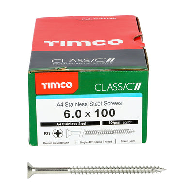 TIMco Classic Multi-Purpose Countersunk A4 Stainless Steel Woodcrews - 6.0 x 100 - 100 Pieces