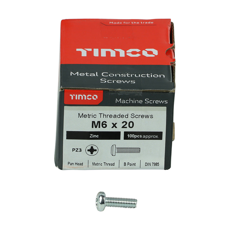 TIMco Machine Pan Head Silver Screws - M6 x 20 - 100 Pieces