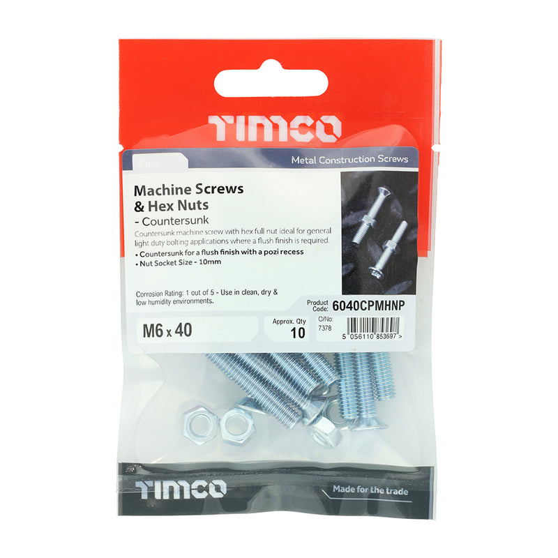 TIMco Machine Countersunk Screws & Hex Nut Silver - M6 x 40 - 10 Pieces