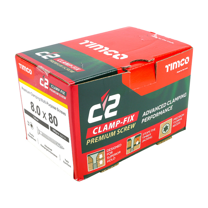 TIMco C2 Clamp-Fix Multi-Purpose Premium Countersunk Gold Woodscrews - 8.0 x 80 - 100 Pieces