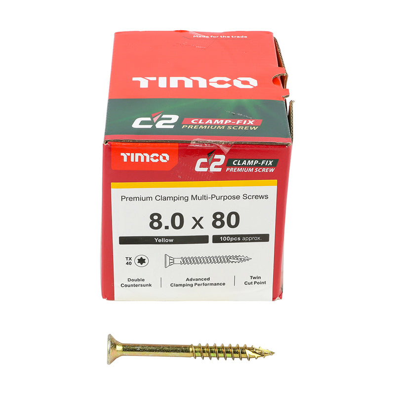 TIMco C2 Clamp-Fix Multi-Purpose Premium Countersunk Gold Woodscrews - 8.0 x 80 - 100 Pieces