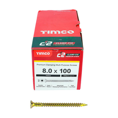 TIMco C2 Clamp-Fix Multi-Purpose Premium Countersunk Gold Woodscrews - 8.0 x 100 - 100 Pieces