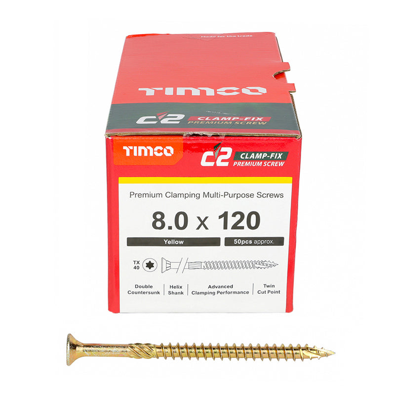 TIMco C2 Clamp-Fix Multi-Purpose Premium Countersunk Gold Woodscrews - 8.0 x 120 - 50 Pieces