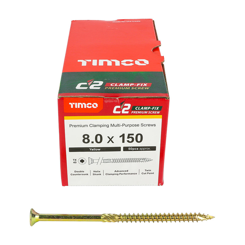 TIMco C2 Clamp-Fix Multi-Purpose Premium Countersunk Gold Woodscrews - 8.0 x 150 - 50 Pieces