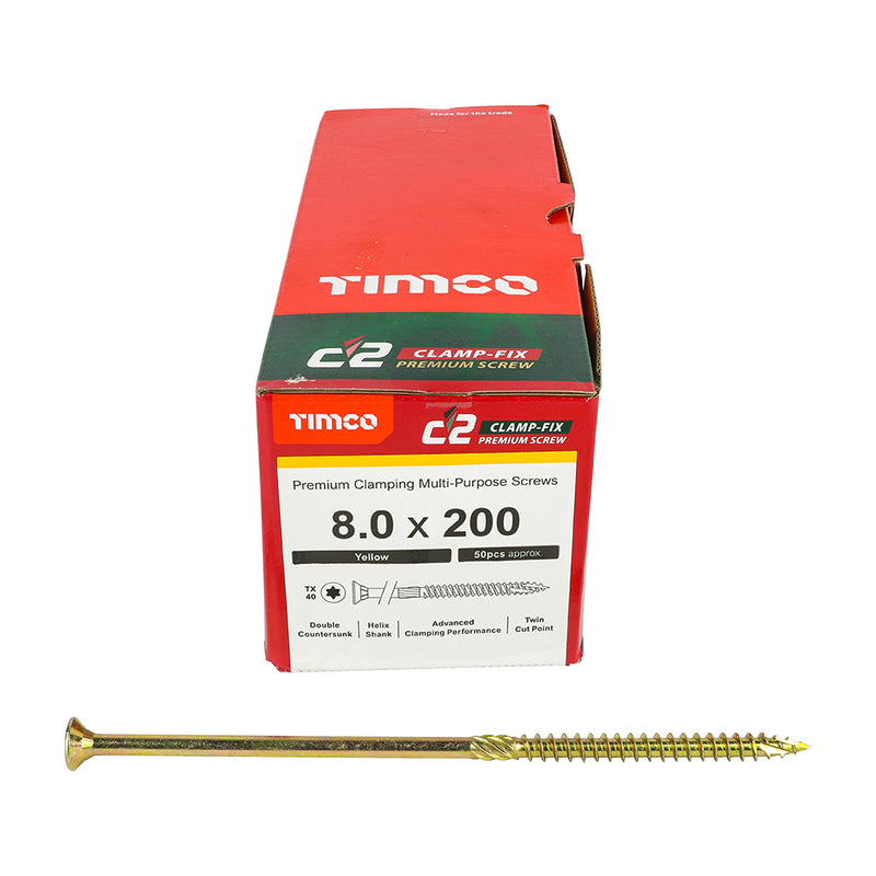 TIMco C2 Clamp-Fix Multi-Purpose Premium Countersunk Gold Woodscrews - 8.0 x 200 - 50 Pieces