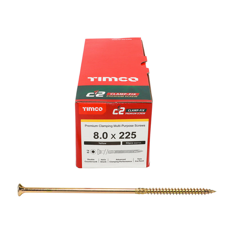 TIMco C2 Clamp-Fix Multi-Purpose Premium Countersunk Gold Woodscrews - 8.0 x 225 - 50 Pieces