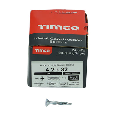 TIMco Self-Drilling Wing-Tip Steel to Timber Light Section Silver Screws  - 4.2 x 32 - 200 Pieces