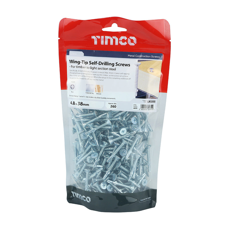 TIMco Self-Drilling Wing-Tip Steel to Timber Light Section Silver Screws  - 4.8 x 38 - 260 Pieces