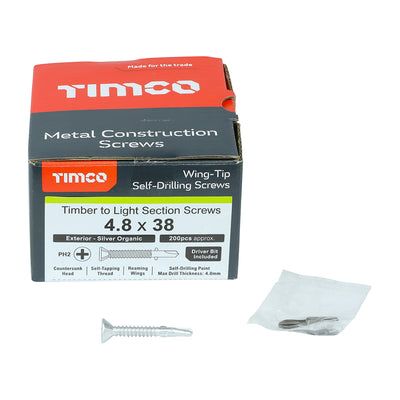 TIMco Self-Drilling Wing-Tip Steel to Timber Light Section Exterior Silver Screws  - 4.8 x 38 - 200 Pieces