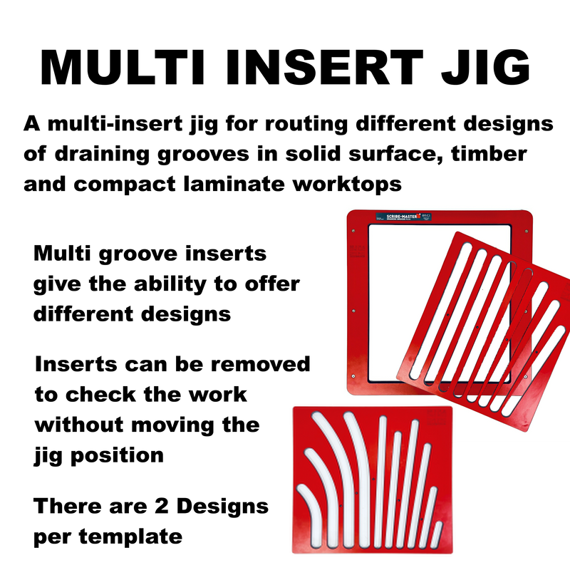 SCRIBE-MASTER Drainer Groove Plus Jig with Flex-Tech – Multi-Insert Draining Groove Jig for Solid Timber & Compact Laminate Worktops – CNC-Machined HPL – Includes Straight & Fan Insert Plate