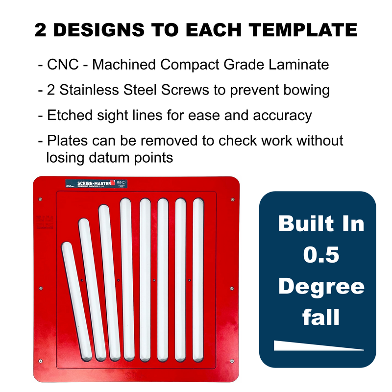 SCRIBE-MASTER Drainer Groove Plus Jig with Flex-Tech – Multi-Insert Draining Groove Jig for Solid Timber & Compact Laminate Worktops – CNC-Machined HPL – Includes Straight & Fan Insert Plate