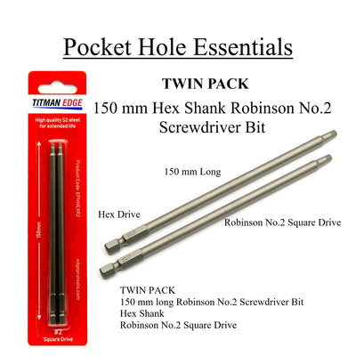 2 x Pocket Hole Screwdriver Bits - Roberston Square Drive #2 150mm - for Pocket Hole Screws - EPHHEXR2 Carded