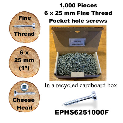 Pocket Hole Screws for Hardwoods, 25mm Long, Pack of 1,000, Fine Self-Cutting Threaded Square Drive, EPHS6251000F, EPH Woodworking
