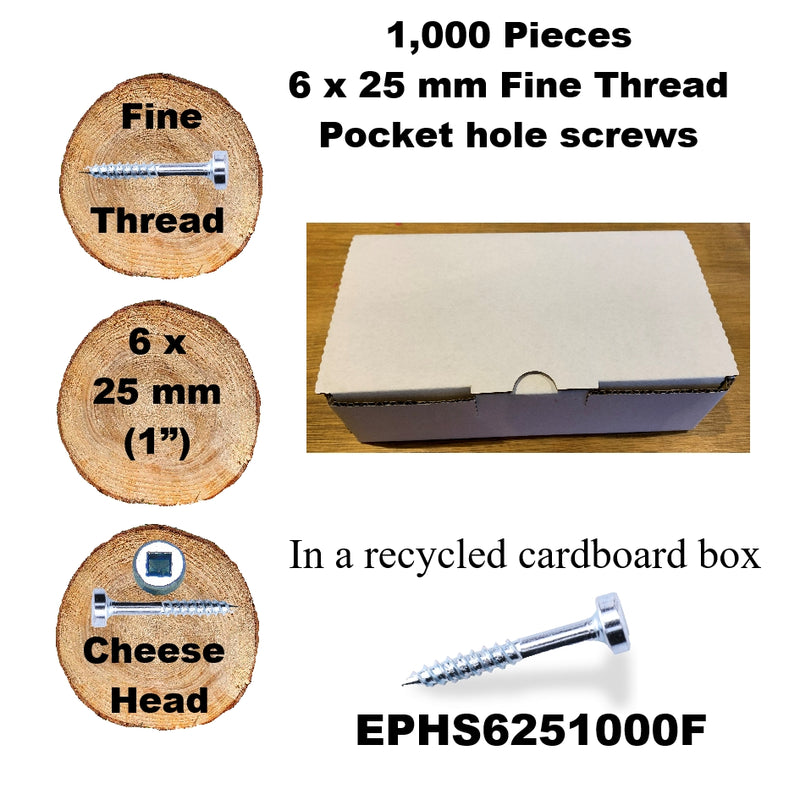 Pocket Hole Screws for Hardwoods, 25mm Long, Pack of 1,000, Fine Self-Cutting Threaded Square Drive, EPHS6251000F, EPH Woodworking