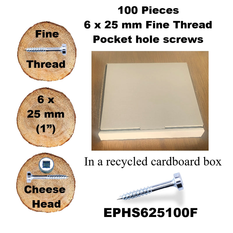Pocket Hole Screws for Hardwoods, 25mm Long, Pack of 100, Fine Self-Cutting Threaded Square Drive, EPHS625100F, EPH Woodworking