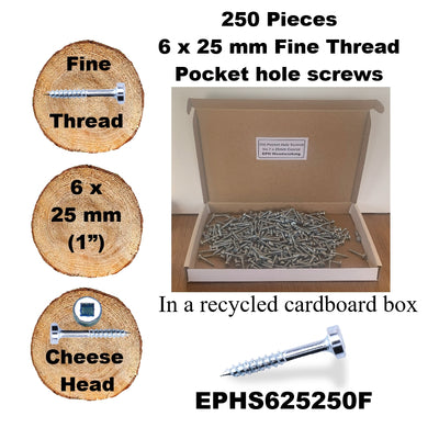 Pocket Hole Screws for Hardwoods, 25mm Long, Pack of 250, Fine Self-Cutting Threaded Square Drive, EPHS625250F, EPH Woodworking