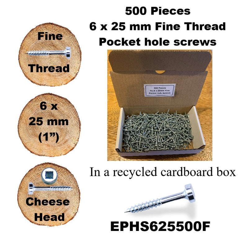 Pocket Hole Screws for Hardwoods, 25mm Long, Pack of 500, Fine Self-Cutting Threaded Square Drive, EPHS625500F, EPH Woodworking