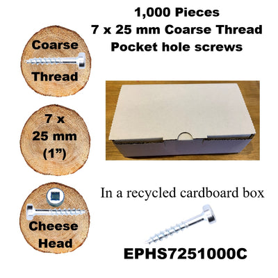 Pocket Hole Screws for Softwoods, 25mm Long, Pack of 1,000, Coarse Self-Cutting Threaded Square Drive, EPHS7251000C, EPH Woodworking
