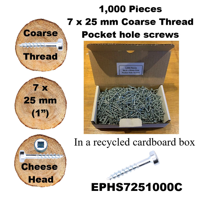 Pocket Hole Screws for Softwoods, 25mm Long, Pack of 1,000, Coarse Self-Cutting Threaded Square Drive, EPHS7251000C, EPH Woodworking