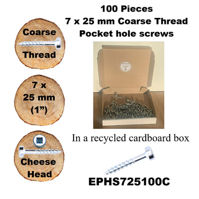 Pocket Hole Screws for Softwoods, 25mm Long, Pack of 100, Coarse Self-Cutting Threaded Square Drive, EPHS725100C, EPH Woodworking