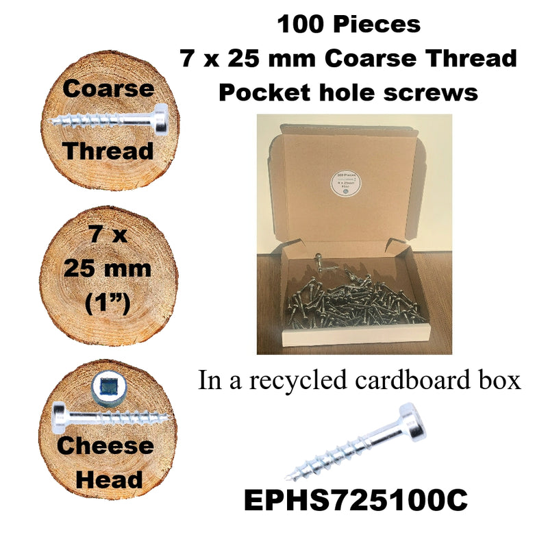 Pocket Hole Screws for Softwoods, 25mm Long, Pack of 100, Coarse Self-Cutting Threaded Square Drive, EPHS725100C, EPH Woodworking