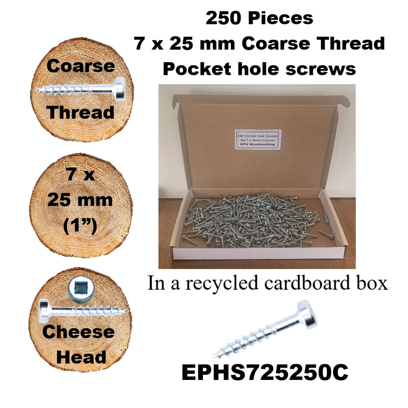 Pocket Hole Screws for Softwoods, 25mm Long, Pack of 250, Coarse Self-Cutting Threaded Square Drive, EPHS725250C, EPH Woodworking