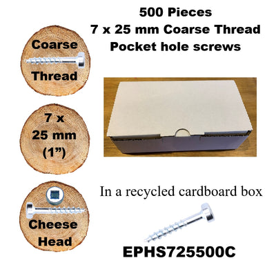Pocket Hole Screws for Softwoods, 25mm Long, Pack of 500, Coarse Self-Cutting Threaded Square Drive, EPHS725500C, EPH Woodworking