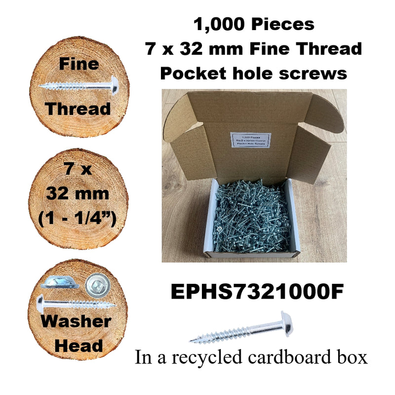 Pocket Hole Screws for Hardwoods, 32mm Long, Pack of 1,000, Fine Self-Cutting Threaded Square Drive, EPHS7321000F, EPH Woodworking
