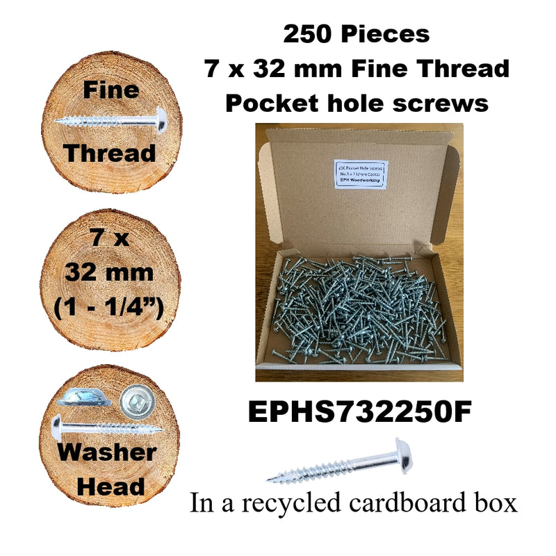 Pocket Hole Screws for Hardwoods, 32mm Long, Pack of 250, Fine Self-Cutting Threaded Square Drive, EPHS732250F, EPH Woodworking