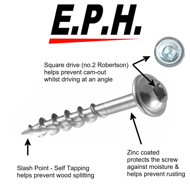 E.P.H. Pocket Hole Screws – No.8 x 32mm, Pack of 100 – Coarse Self-Cutting Thread, Square Drive – For Softwoods & Man-Made Boards – EPHS832100C