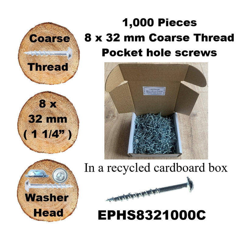 Pocket Hole Screws for Softwoods, 32mm Long, Pack of 1,000, Coarse Self-Cutting Threaded Square Drive, EPHS8321000C, EPH Woodworking