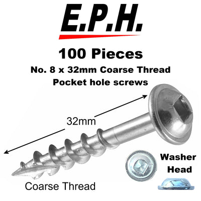 E.P.H. Pocket Hole Screws – No.8 x 32mm, Pack of 100 – Coarse Self-Cutting Thread, Square Drive – For Softwoods & Man-Made Boards – EPHS832100C