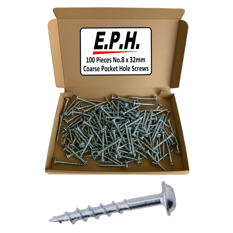 E.P.H. Pocket Hole Screws – No.8 x 32mm, Pack of 100 – Coarse Self-Cutting Thread, Square Drive – For Softwoods & Man-Made Boards – EPHS832100C